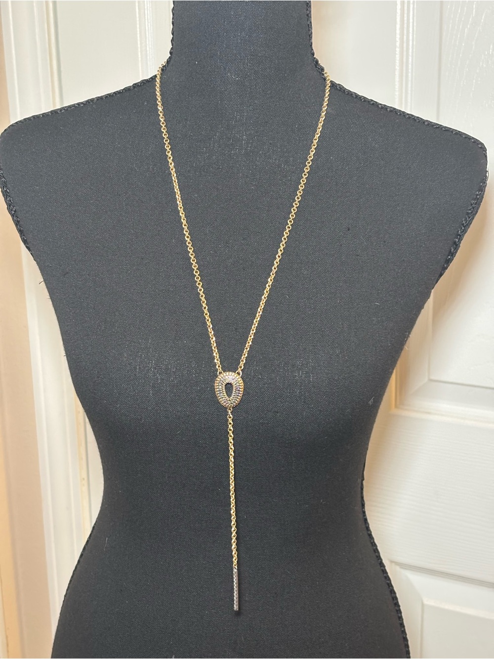 Lucky brand Gold Drop Lariat Necklace with Pave Oval Accent